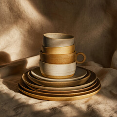 Handmade ceramic tableware in earthy browns and beiges: stacked plates, bowls and a mug on linen, soft sunlight highlighting texture and rustic, minimalist charm