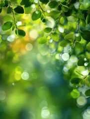 Lush green leaves bokeh background in springtime nature beauty freshness and growth concept with sunlight and vibrant colors