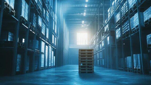 Warehouse interior with stack of empty pallets awaiting logistics