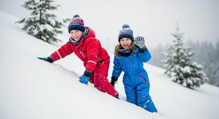 Children climbing snowy hill in winter landscape, wearing warm clothes and enjoying fresh air. Children climb snowy hill and play together on mountain, having fun during winter vacation.