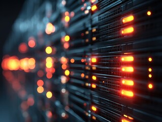 Data center servers operating with glowing lights in a dark room, close-up abstract view of information technology hardware