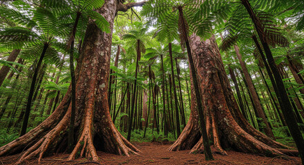 Fototapeta premium Majestic Forest Giants with Fluted Roots in a Lush Rainforest A dramatic, low-angle photograph capturing two enormous, towering rainforest trees with massive, prominent buttress roots