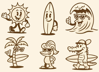 Retro Surf Cartoon Characters Set – Sun, Wave, Palm Tree, Alligator, and Surfboard Mascots.