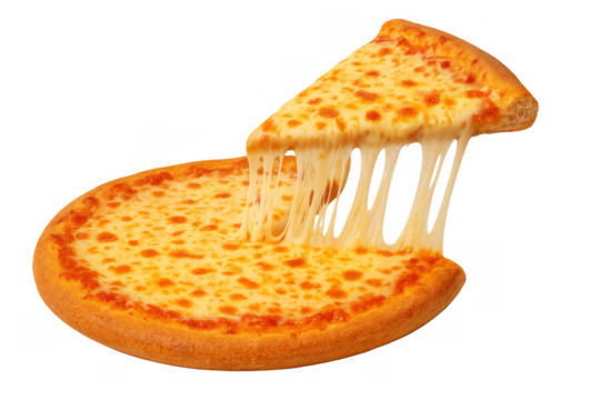 Margherita pizza slice lifting, showing melting mozzarella cheese pull strings on transparent background