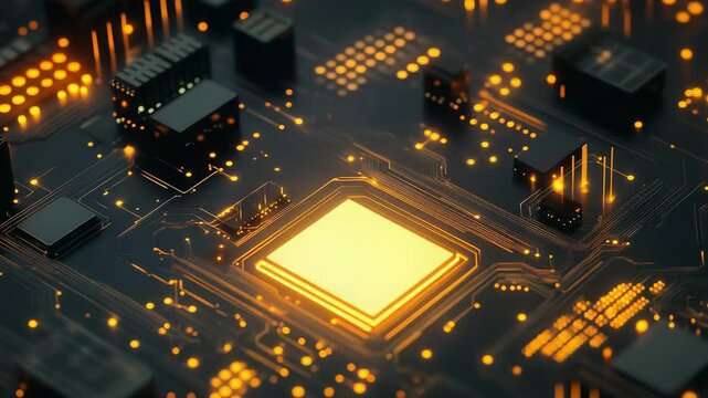 Circuit board with glowing cpu processing digital data