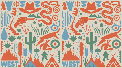 Obraz premium Wild West Pattern Cowboy Culture, Southwestern Desert Landscape Illustration with Iconic Western Symbols
