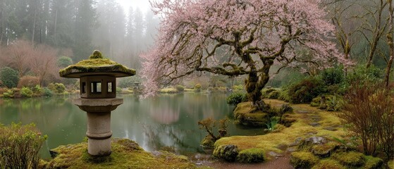 Japanese Garden Landscape with Stone Lantern and Cherry Blossoms Reflecting in Pond Water Serene Tranquil Scene in Portland Oregon