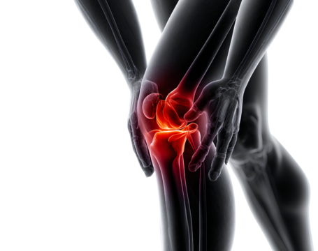 Knee joint pain inflammation xray illustration on transparent background for medical health and orthopedic 3d render presentation