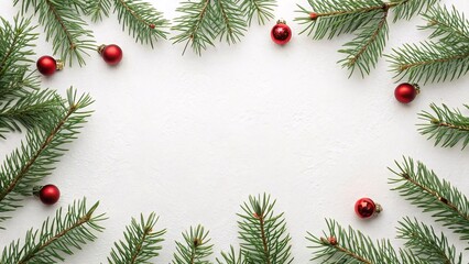 Festive Christmas And New Year Winter Holiday Background With Evergreen Fir Tree Branches And Red Baubles Creating A Frame For Text