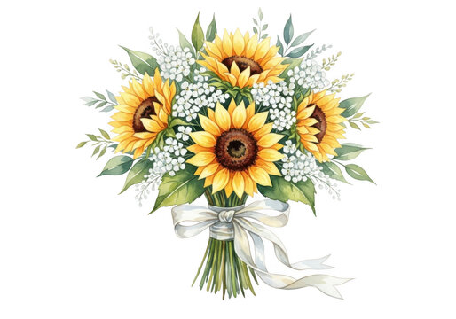 Watercolor sunflowers bouquet with ribbon isolated on transparent background