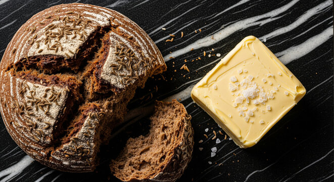 Artisanal Dark Rye Bread and Butter Block with Sea Salt
An elegant, overhead close-up shot of a dark, rustic loaf of bread, likely sourdough or rye, positioned next to a rectangular pat of golden 