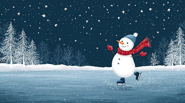 Cheerful snowman ice skating on frozen lake under starry winter sky surrounded by snowy trees and falling snowflakes - Powered by Adobe