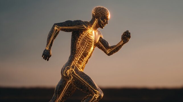 image of a happy, active individual (symbolizing reduced fatigue) running through a field, overlaid with a transparent structure of a glowing, golden-yellow Vitamin B Complex molecule. Highlights 