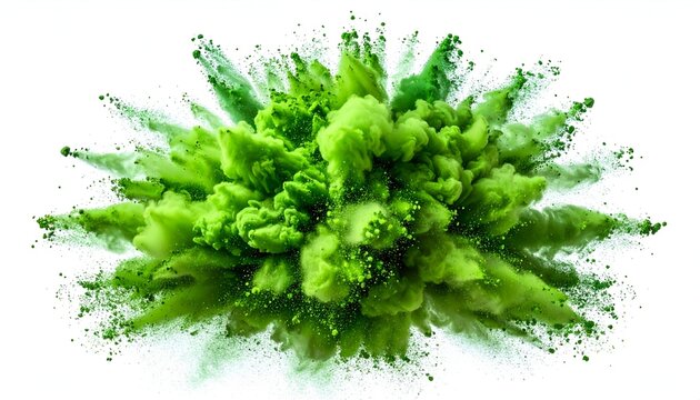 Vivid explosion of green powder against a white backdrop, capturing motion and color