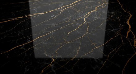 Elegant black marble texture with golden veins and a subtle square light effect