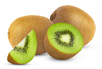 Two kiwi fruits and half with slice isolated.