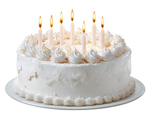 Celebration birthday cake with burning candles isolated on transparent background for special events and bakery design decoration