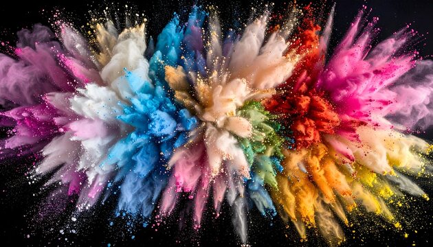 Exploding, colorful powder bursts create a vibrant spectrum against a dark backdrop
