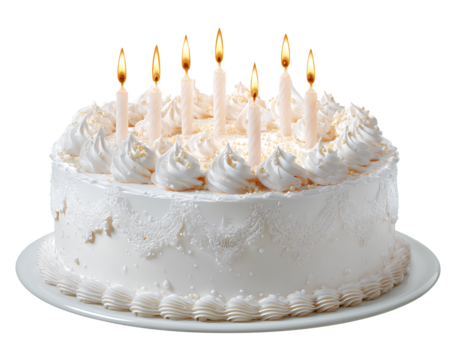 Celebration birthday cake with burning candles isolated on transparent background for special events and bakery design decoration
