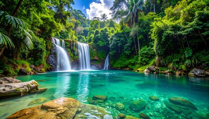 Lush waterfall cascades into a serene turquoise pool surrounded by dense tropical foliage under a sunny sky