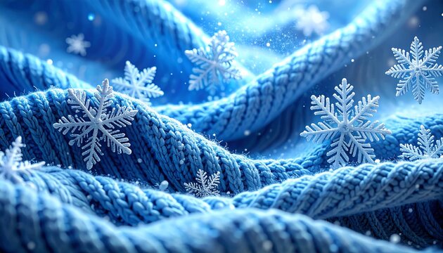Knitted, textured, blue fabric with snowflake accents against a bright, blurred background gives a wintery feeling