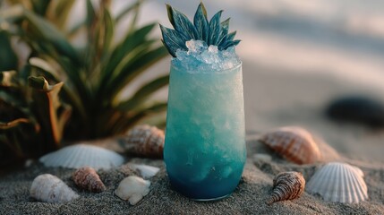 Tropical blue cocktail on beach sand with seashells and plant life at sunset refreshing drink close up