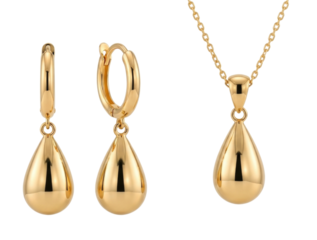 Gold teardrop earrings and pendant necklace set transparent background cutout png