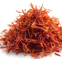 Naklejka premium Close up of a Pile of Saffron Threads on White Background Studio Shot High Angle View Food Photography Spice Ingredient