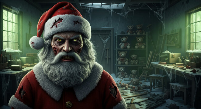 A scary Santa with damaged face and red hat standing in messy interior, representing horror, dark humour, and unconventional holiday themes - Powered by Adobe