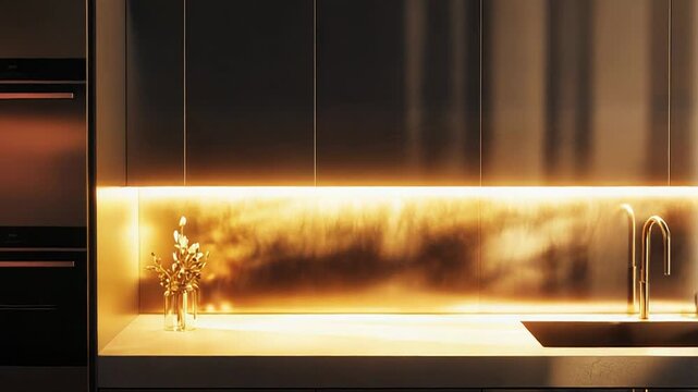 Modern kitchen island with golden countertop and glowing backsplash