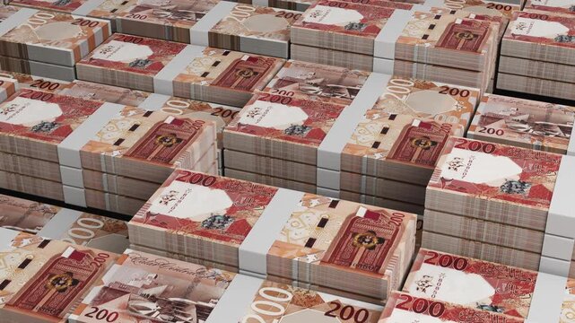 Qatar 200 Riyal Banknote Horizontal 3D Animation ? Realistic Currency Flow, Business Finance, Economy, Investment, and Banking Visualization in Motion Concept