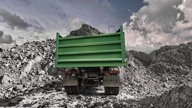 A heavy truck maneuvers skillfully through a gravel mine, surrounded by towering piles of rock as the sun sets, casting a golden glow against the clouds.