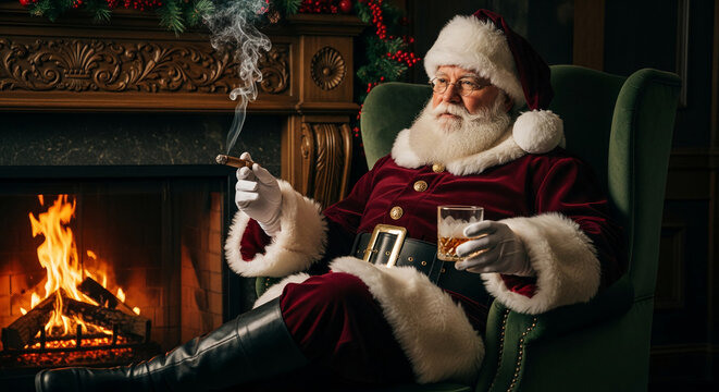 Man in santa costume sits in chair by fireplace, holding cigar and drink, representing christmas, relaxation and tradition, perfect for holiday concepts