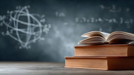 Open Book on Stack of Books with Mathematical Formulas in Background