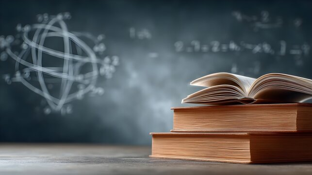 Open Book on Stack of Books with Mathematical Formulas in Background