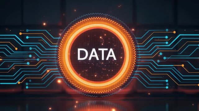 Futuristic digital interface with glowing circuits and orange circular core labeled DATA symbolizing information technology and analytics.