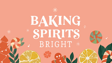 Festive Christmas background. Hand-drawn design on a pink background with a grainy texture, perfect for a holiday greeting card. 