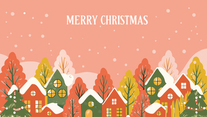 Festive Christmas background. Hand-drawn design on a pink background with a grainy texture, perfect for a holiday greeting card.