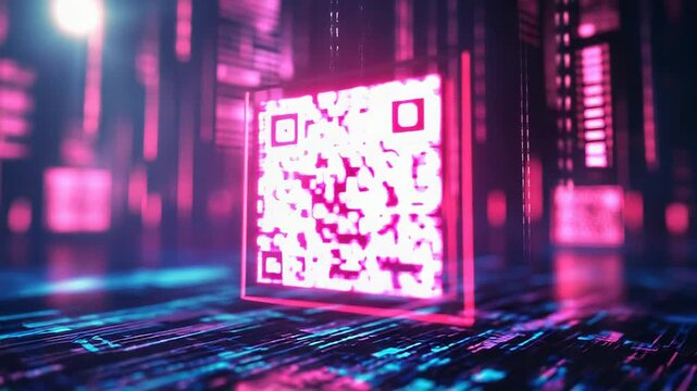 Qr code flowing digital data in cyberpunk network - Powered by Adobe