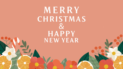 Festive Christmas background. Hand-drawn design on a pink background with a grainy texture, perfect for a holiday greeting card.