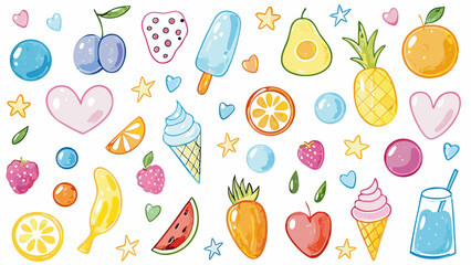 Hand drawn crayon pencil stroke doodle apples, strawberries, oranges, pears, cupcakes, ice cream, and drinks. Vector illustration