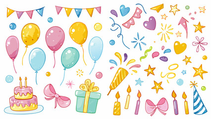 Hand drawn crayon pencil stroke doodle balloons, gifts, cakes, party hats, stars, ribbons, streamers, confetti, and candles. Vector illustration