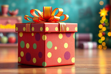 Nostalgic gift box with holiday patterns in retro style. Bright holiday card