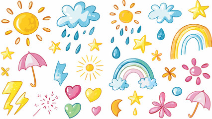 Hand drawn crayon pencil stroke doodle sun, clouds, rain, lightning bolts, rainbows, stars, moons, umbrellas, and snowflakes. Vector illustration