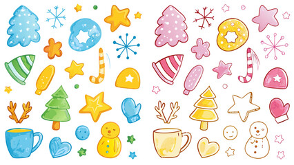 Hand drawn crayon pencil stroke doodle snowmen, Christmas trees, mittens, gifts, stars, cookies, and hot cocoa cups. Vector illustration