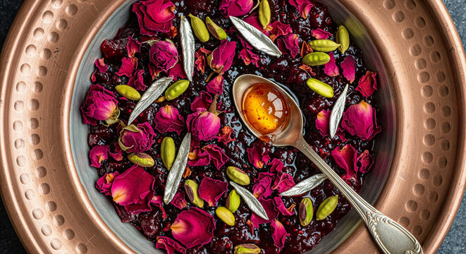 Luxurious Rose Petal Jam Dessert with Honey and Nuts
An exquisite, close-up, overhead shot showcases a decadent and deeply colored dessert, likely rose petal jam or a similar Middle Eastern/Persian 