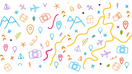 Line icon cute element set. Doodle line color icon, airplanes, suitcases, maps, compasses, mountains, cameras, arrows, and location pins. Vector illustration