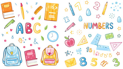 Line icon cute element set. Doodle line color icon, books, pencils, crayons, ABC letters, numbers, rulers, backpacks, apples,. Vector illustration