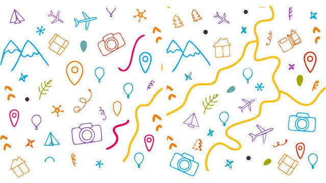 Naklejki Line icon cute element set. Doodle line color icon, airplanes, suitcases, maps, compasses, mountains, cameras, arrows, and location pins. Vector illustration