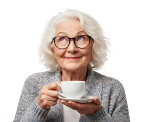 Elderly woman holding a coffee cup transparent background cutout png